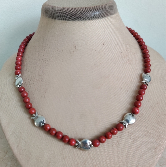 Handmade Genuine Red Corals and Silver Fish Beads Necklace OOAK - Picture 1 of 16